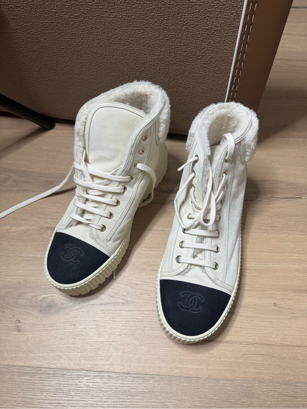 Chanel Snow boots High-Top Shearling Sneakers with Black Toe Cap
